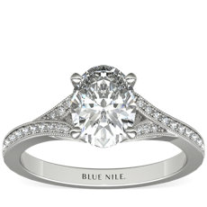 Milgrain and Pave V-Shank Diamond Engagement Ring in 14k White Gold (0.13 ct. wt.)